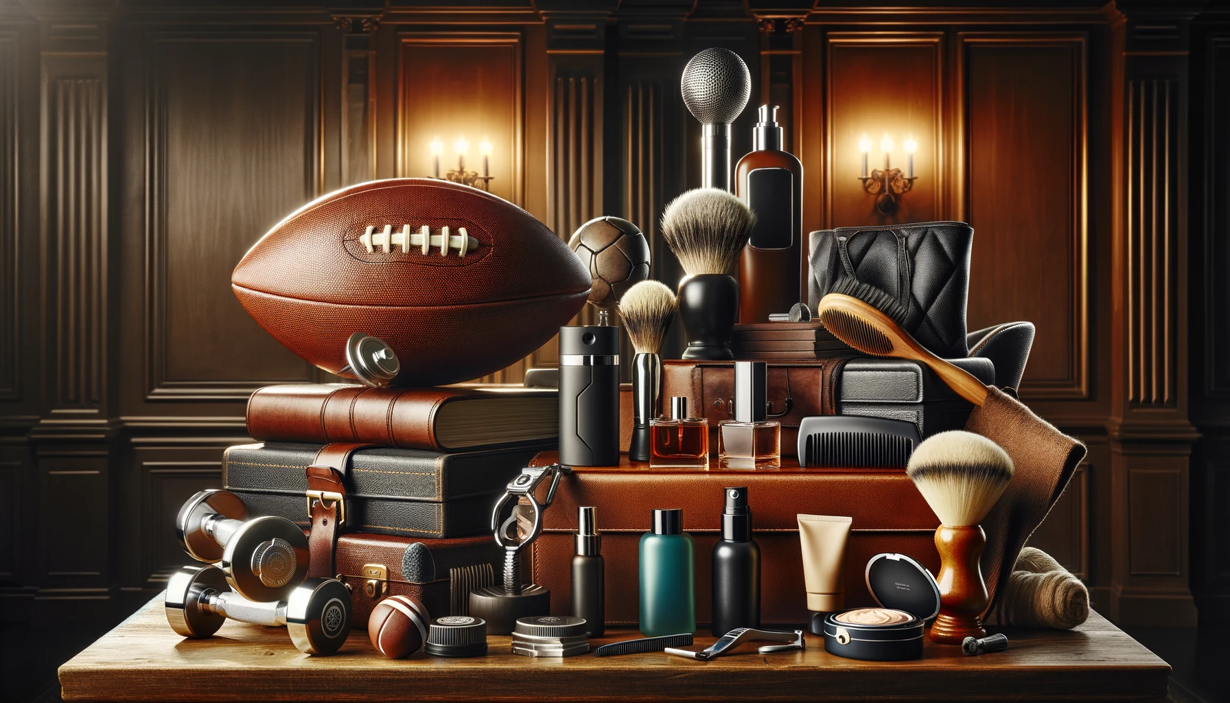 traditional sports equipment pieces, like a textured leather football, a pair of shiny metal dumbbells, and a hint of a tennis racket, juxtaposed with modern men's grooming essentials